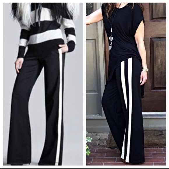 Black wide leg white side striped pants w/pockets - Picture 5 of 6